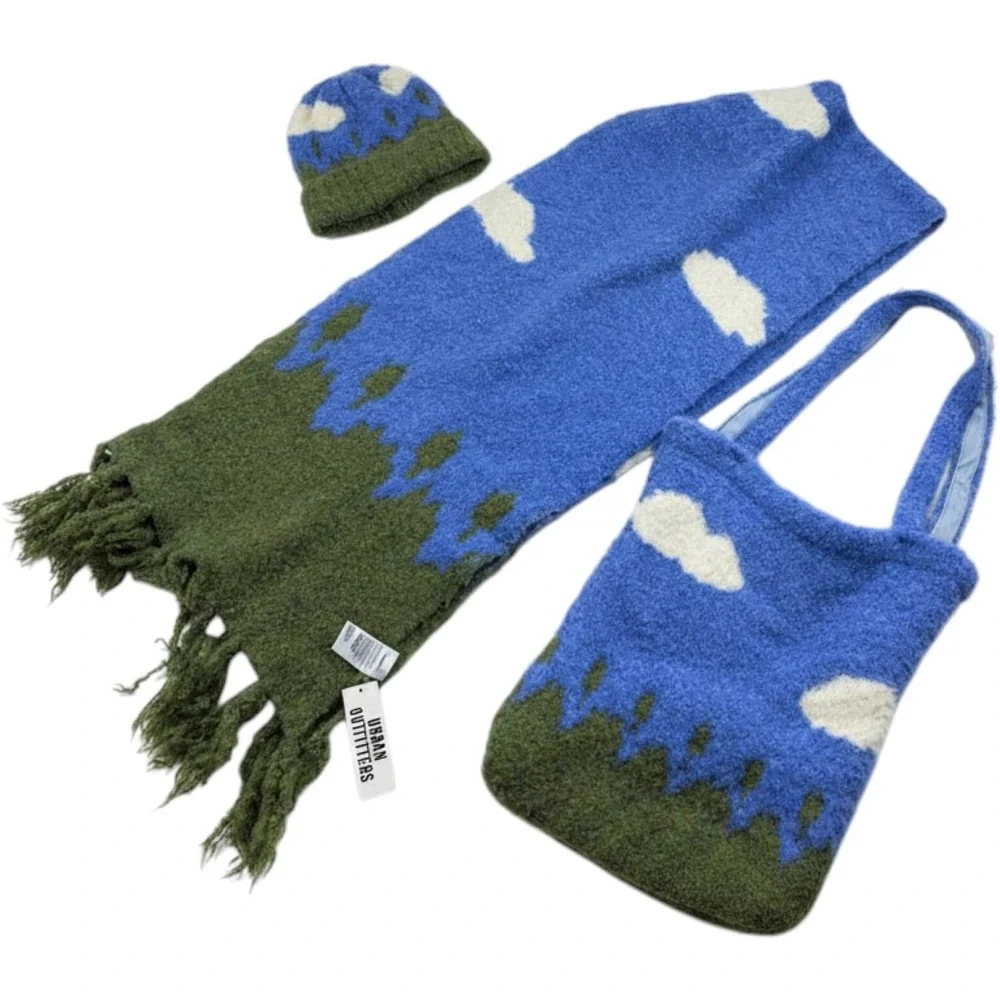 Urban Outfitters Cloud Landscape Knit Scarf Beanie Tote Bag Set Blue Green New